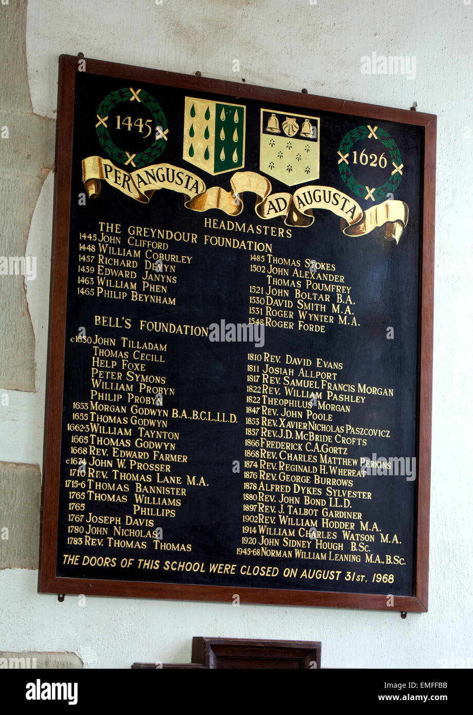Bell`s Grammar School headmasters board, All Saints Church, Newland, Forest of Dean, Gloucestershire, England, UK Stock Photo